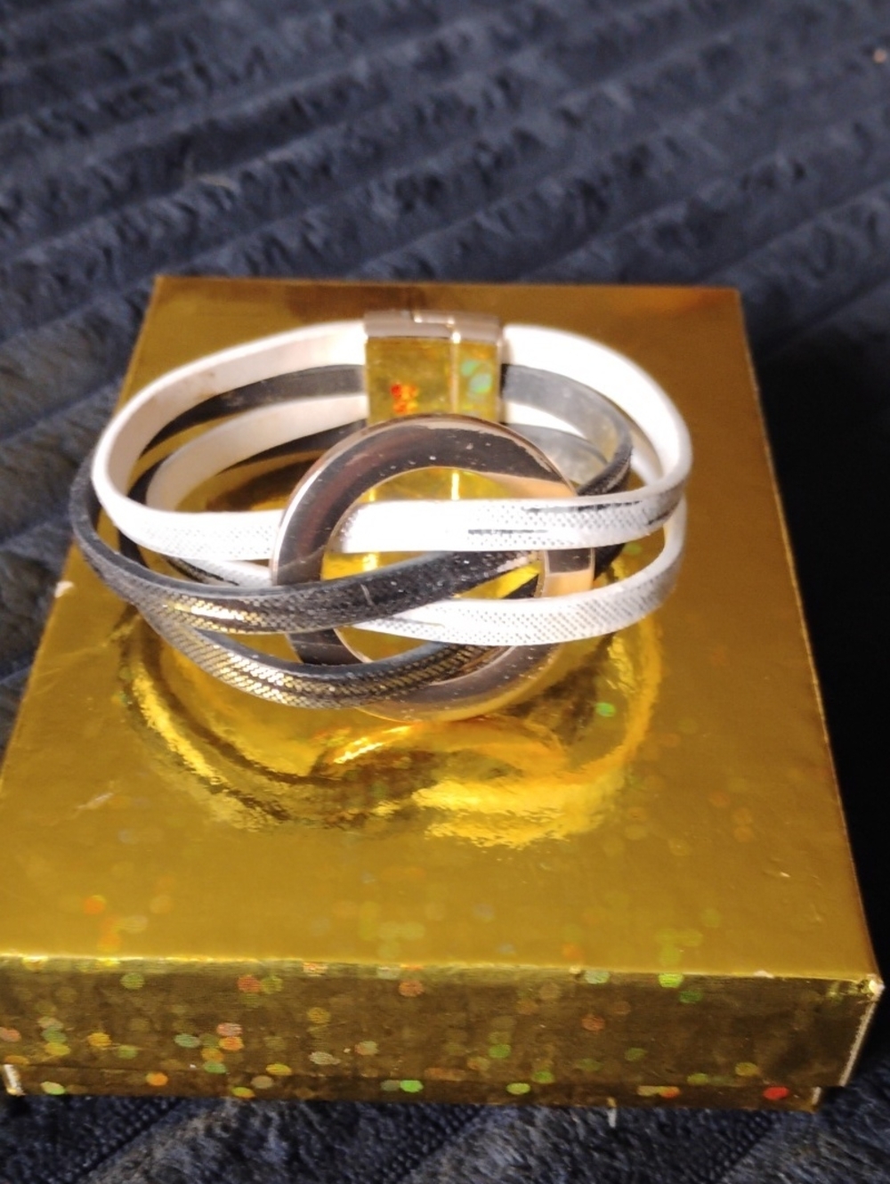 Leather Wrap Bracelet with Silver Ring Accent - White & Gray